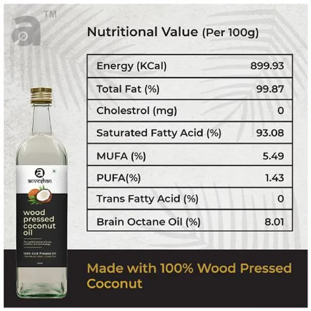 Anveshan Wood Cold Pressed Coconut Oil - For Hair, Skin, Cooking, 1 L Glass Bottle-3.webp